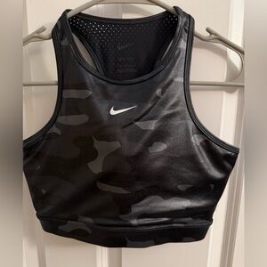 Nike Women's Dri-FIT Swoosh High-Neck Camo Sports Bra in black and gray medium.